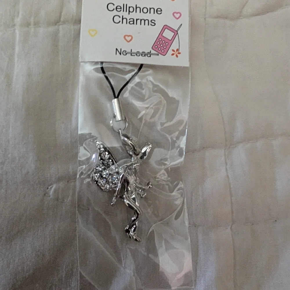 Silver Fairy Phone Charm with Crystal Wings - Decorative Cellphone Accessory